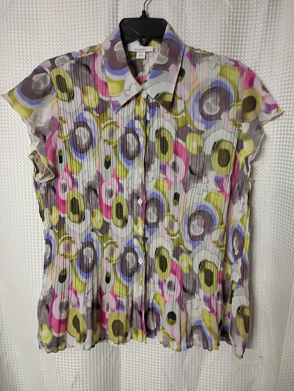 Dress Barn Multicolor Circular-Print Pleated Button Front Blouse